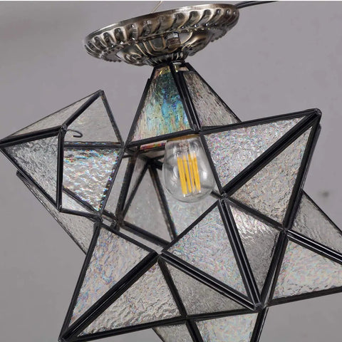 12 Inch Moravian Star Tiffany Style Stained Glass Semi Flush Mount Ceiling Fixture with Iridescent Glass, close-up view.