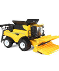1/64 Scale Die Cast Combine With Folding Corn Head And Draper Head, Realistic Yellow Farm Equipment Model, Side View