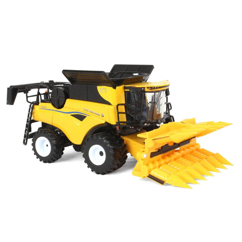 1/64 Scale Die Cast Combine With Folding Corn Head And Draper Head, Realistic Yellow Farm Equipment Model, Side View