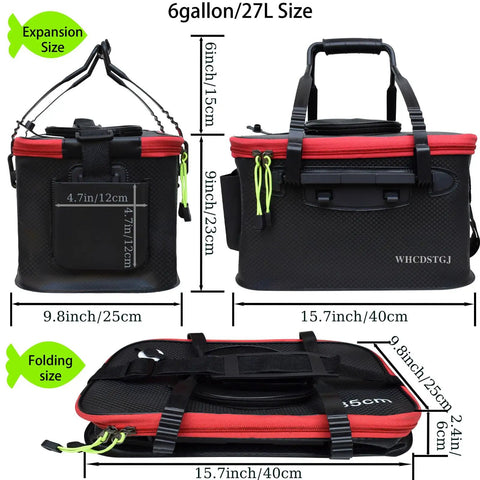 Foldable 6 Gallon EVA Fishing Bucket With Breathable Zippered Net Top shown in expanded and folded views