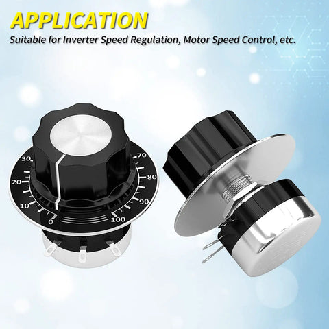 Dope 10K Potentiometer With A03 Knob And Dial For Inverter Speed Control Single Turn Carbon Film Rotary Potentiometer 10K Ohm 300 Degree Travel 6mm Shaft 9mm Thread 1.6 By 1.5 Inch Body For Motor Speed Regulation, black rotary knob with numbered dial