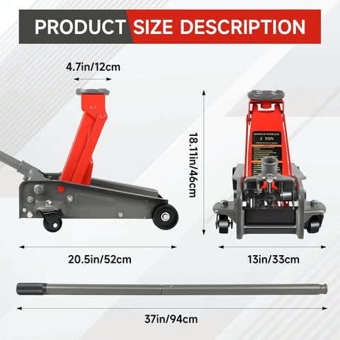 Dimensions of 3 Ton Floor Jack With Fast Lift And Wheels, Heavy Duty Hydraulic Jack With Single Piston Pump, Red.
