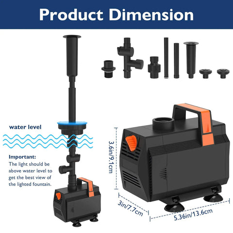 Pond Fountain Pump Kit With Automatic Colorful LED Lights For Outdoor Ponds 400-900 Gal, submersible water pump with accessories.