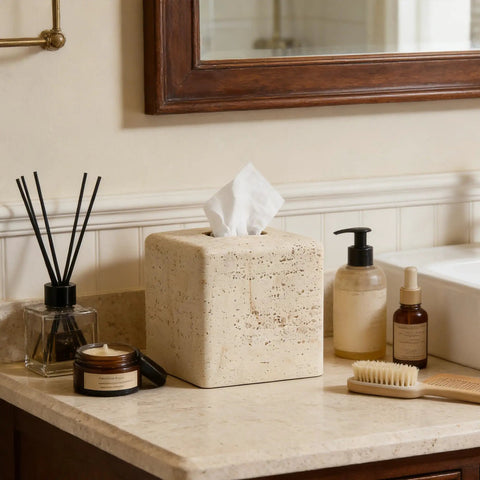 Heavy Resin Tissue Box Cover With Travertine Texture For Home Decor on bathroom countertop with toiletries.