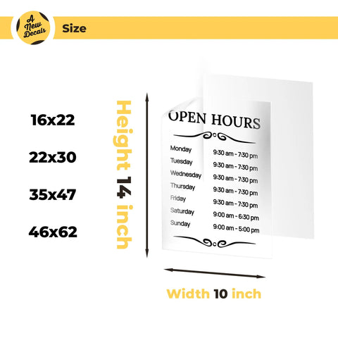Customizable Business Hours Sign For Your Biz Storefront And Office Weatherproof Vinyl Decal Door Sign For Indoor Outdoor Use Hours Of Operation Sign For Window And Shop Made In USA with dimensions listed