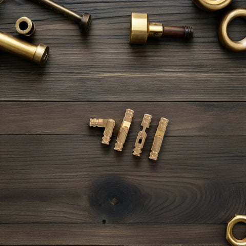 Brass Concealed Box Hinges 25 Pack For Jewelry Boxes And Wooden Cabinets Invisible Cylindrical Barrel Hinges Displayed on Wood Surface