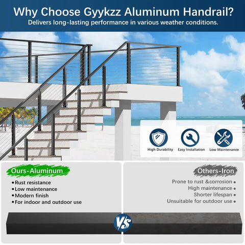 Heavy Duty 10 Ft Black Aluminum Handrails 4 Pack Slick Rectangular Flat Top Rails For Deck Stairs And Cable Railing Systems Weatherproof view of outdoor aluminum handrail with modern design.