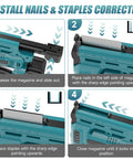 No Cords No Drama Battery Powered 18 Gauge Brad Nailer And Stapler Combo showing steps to install nails and staples correctly.