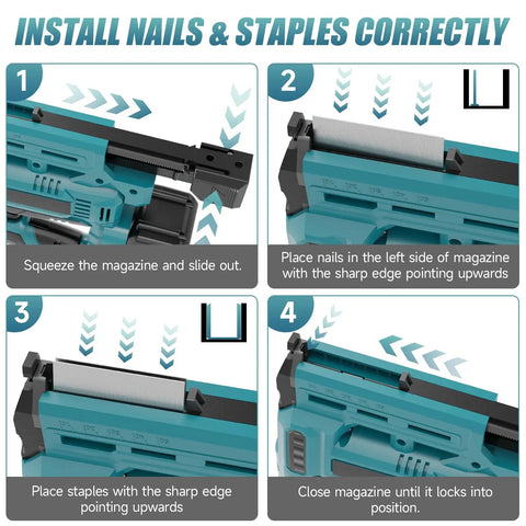 No Cords No Drama Battery Powered 18 Gauge Brad Nailer And Stapler Combo showing steps to install nails and staples correctly.