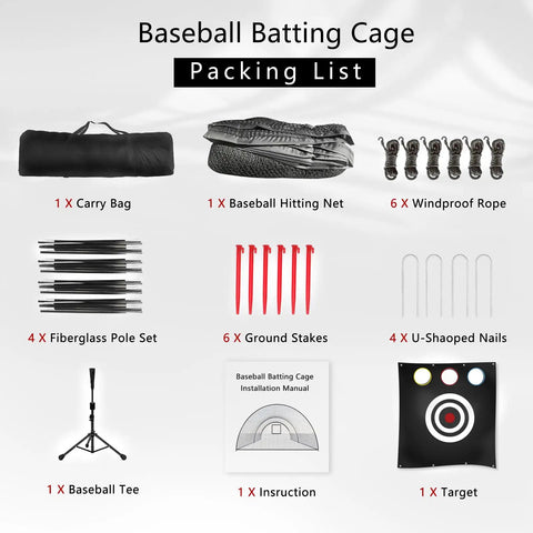 Backyard Baseball Batting Cage 30x13x9 Ft packing list with carry bag, hitting net, poles, stakes, nails, instruction, target, and tee.