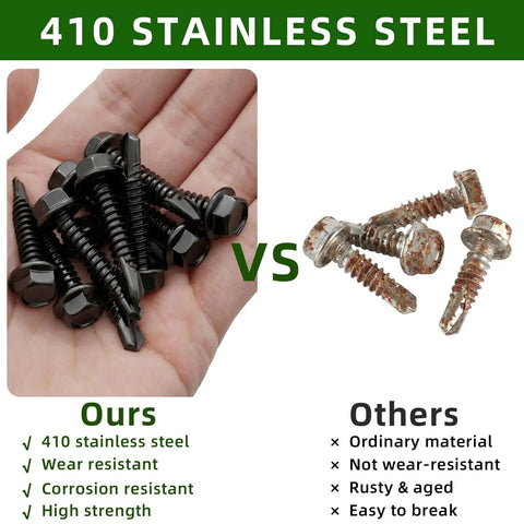 Number Twelve X Three Quarter Inch Hex Washer Head Self Drilling Screws Black Coated 410 Stainless Steel Heavy Duty Sheet Metal Fasteners Fifty Pack comparison of durable screws in hand versus rusty screws.