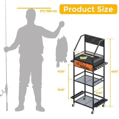 Fishing Rod Rack Organizer With Fabric Drawer And Pegboard 3 Tier Garage Storage size comparison with human silhouette