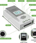 Beefy 100 Amp MPPT Solar Charge Controller with 100V Max Input, showing LCD and multiple ports for battery connectivity.