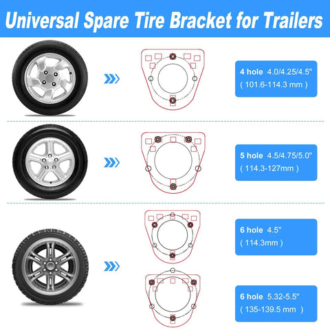 Diagram showing Spare Tire Mount Carrier For Trailers Fits 4 5 And 6 Lug Wheels Bolt Patterns 4 To 5.5 Inches