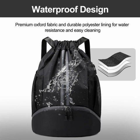 Drawstring Sports Gym Backpack With Wet Dry Separation, Shoes Compartment showing water-resistant design