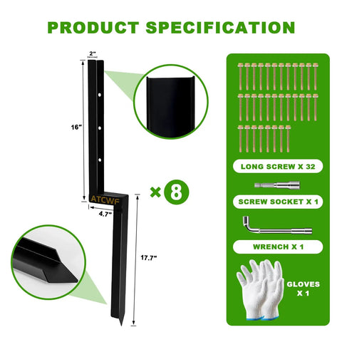 Heavy Duty Fence Post Repair Kit 2 Inch Width Ground Spike Anchor For Wooden Posts 34 Inch Total Length 8 Pack Ideal For Tilted Or Broken Posts With Integrated H Shaped Mold For Extra Stability product specifications and contents.