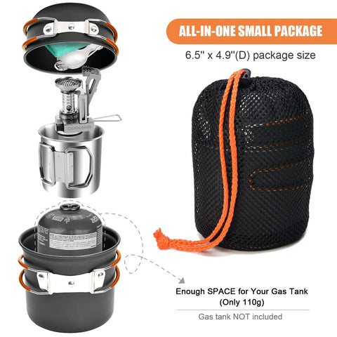 8 Piece Camping Cookware Mess Kit With Mini Backpack Stove All In One Nonstick Pots Stainless Spork Foldable Mug with Carry Bag