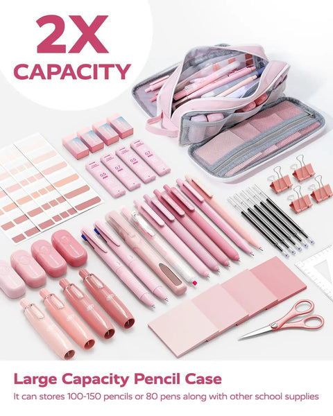All In One Back To School Supplies Set With Case Including gel pens, correction tapes, highlighters, pens, case, scissors.