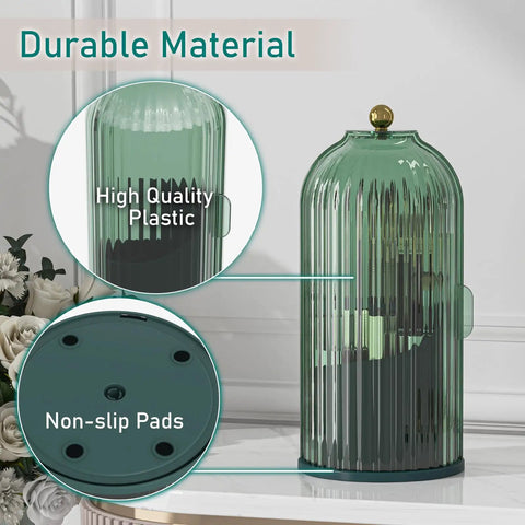 All Green 360 Degree Rotating Makeup Brush Holder With Lid Waterproof Dustproof Cosmetic Organizer on vanity desk