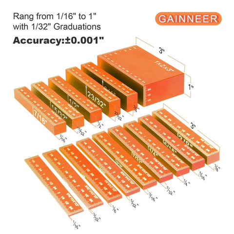Setup Blocks 15 Pcs Aluminum Precision Height Gauge Set For Router And Table Saw Woodworking Setup Accessories Fast Accurate Blade Height Dado Depths Pro Grade Durable Anodized Aluminum Bars Orange displayed with measurement markings.