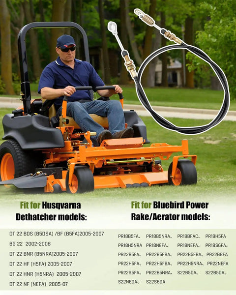 Power Rake Activation Cable 46.5 Inch Replacement Part 539106827 with cable and lawn tractor in use, fits Husqvarna models.
