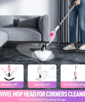 Fast Heat Up Steam Mop And Portable Handheld Steamer For Hardwood Floors Carpet Tile Grout showing swivel mop head design adjustable for corners.