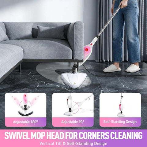 Fast Heat Up Steam Mop And Portable Handheld Steamer For Hardwood Floors Carpet Tile Grout showing swivel mop head design adjustable for corners.