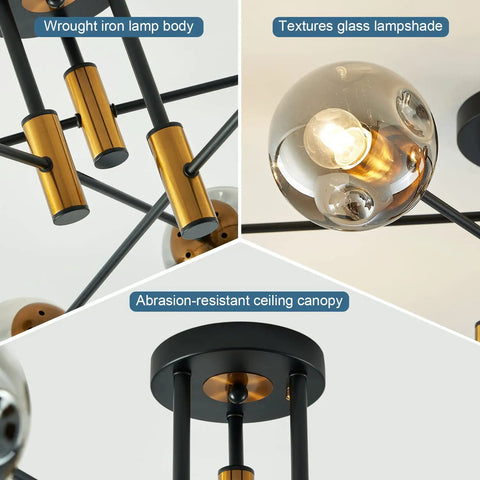 Details of 6 Light Glass Globe Sputnik Chandelier With Dope Matte Black And Gold Finish Modern Ceiling Fixture