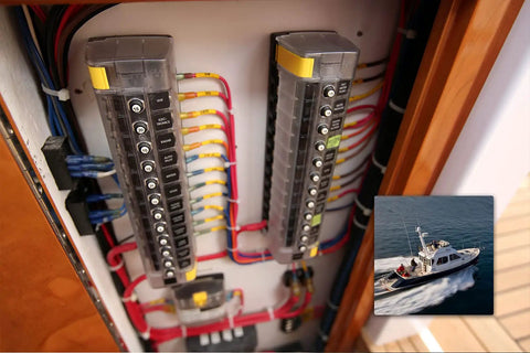 12 Position Marine Circuit Breaker Block With Quick Connect Clips Black For 32V DC Systems Delivers 32A Per Circuit And 40A Per Jumped Group Includes Clear Insulating Cover Meets ABYC USCG Insulation Standards installed in boat panel