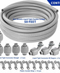 1/2 Inch Flexible PVC Liquid Tight Electrical Conduit Kit With 50 Feet Of Non Metallic Outdoor Grey Wire Raceway, Includes 5 Couplings, 3 Elbows And 10 Straps, Sealtight Flex For Outdoor Lighting, HVAC And More