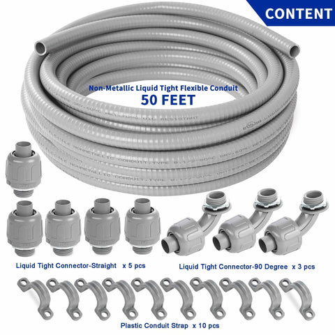 1/2 Inch Flexible PVC Liquid Tight Electrical Conduit Kit With 50 Feet Of Non Metallic Outdoor Grey Wire Raceway, Includes 5 Couplings, 3 Elbows And 10 Straps, Sealtight Flex For Outdoor Lighting, HVAC And More