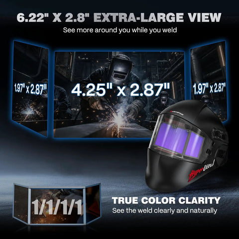 Auto Darkening Welding Helmet With Panoramic Side View And Extra Large 6.22 By 2.8 Inch Viewing Screen True Color Optics image