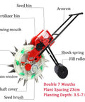 All In One Garden Seeder And Fertilizer Applicator Set showing labeled components and design features