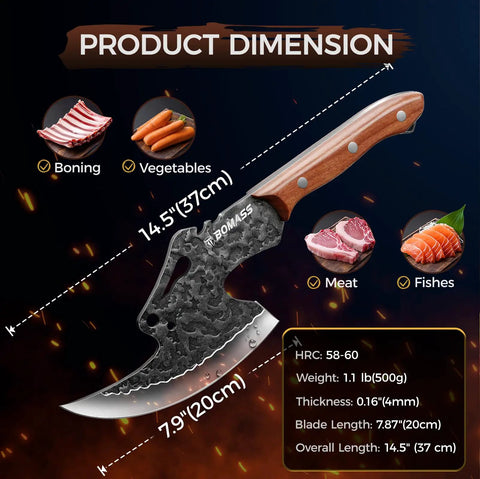 Viking Style Hand Forged 7.9 Inch Meat Cleaver Knife With Hammered Blade, shown with dimensions and uses for meat, vegetables.