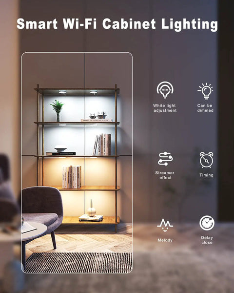 Smart Under Cabinet Puck Lights 4 Pack 2.75 Inch Dimmable LEDs Works With Alexa And Google Home WiFi app lighting shelves