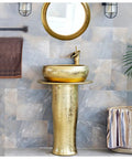 Built Tough Ceramic Vessel Sink With Full Vanity Cabinet And Faucet, Premium China Basin For Indoor Or Outdoor Bathrooms, Slick Design No Hassle Install Rock Solid Durability in gold finish.