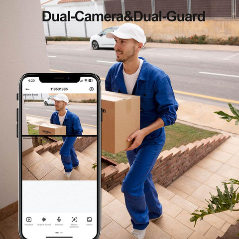 Wireless Video Doorbell With Dual Cams Front Door Security Cam And Ground View Includes Chime No Monthly Fee 2K HDR Night Vision Easy App Setup Real Time Alerts For Modern Home Security showing delivery man outside
