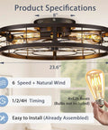 Premium Caged Ceiling Fan And Light With Remote Flush Mount Farmhouse Style Bladeless Design For Kitchen Bedroom with specs.