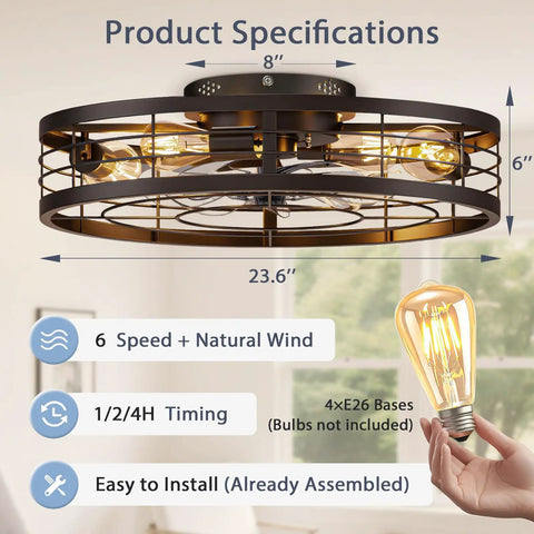 Premium Caged Ceiling Fan And Light With Remote Flush Mount Farmhouse Style Bladeless Design For Kitchen Bedroom with specs.