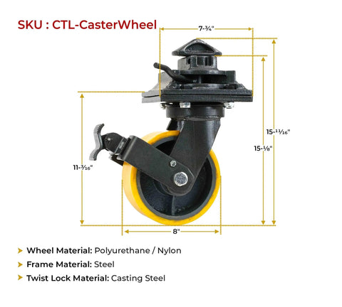 Four Pack Heavy Duty ISO Shipping Container Caster Wheels 6600 Lbs Per Wheel, 7.75 Inch Diameter By 2.75 Inch Wide, yellow caster