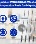 Image of Washer Suspension Rod Kit Beefy Stainless Steel With Quick Return Spring For Whirlpool Maytag And Kenmore Washers Replaces W10257087 W10257088 W10349193 WTW4800XQ2 WTW4800XQ4 WTW6600SW1 Enhanced Durability And Shock Absorption, showing four rods with springs and product benefits icons.