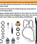 Beefed Up 38 Piece High Pressure Oil Pump HPOP Master Service Kit With Hoses And Lines Crossover Kit For Ford 7.3L Powerstroke Diesel Engines 1999 2000 2001 2002 2003 F Series E Series Excursion components displayed including seals, O-rings, fittings, and hardware for engine service.