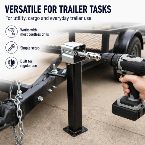 Heavy Duty Stainless Steel Trailer Jack Drill Adapter With Secure Wire Lock Pin Universal Cordless Drill Socket in use.