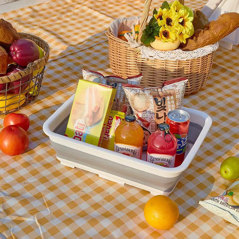 Collapsible Dish Pan 10L Folding Sink Basin for Dishwashing Camping RV and Vegetable Cleaning with snacks on picnic table