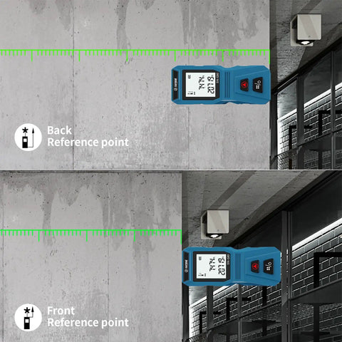 Green Laser Distance Meter 262Ft Portable USB C Rechargeable Digital Measuring Tool displayed on a concrete wall indoors