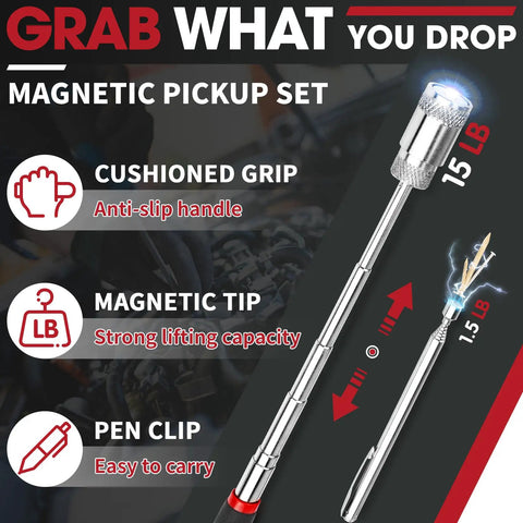 Telescoping Magnetic Pickup Tool With LED Flashlight Flexible Extendable Magnet Stick For Auto Mechanics And Home DIY Grab Small Parts In Tight Spaces Includes Inspection Mirror Cool Handy Gadget For Men Gift For Him