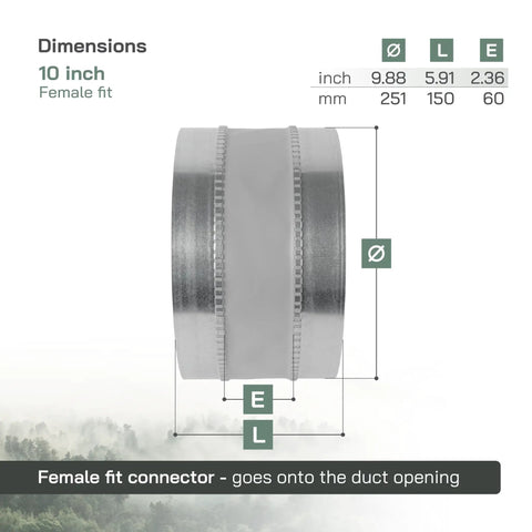 10 Inch Flexible Duct Connector For HVAC Vibration Reduction And Easy Inline Fit Heavy Duty Female To Male Duct Connection Galvanized Steel Ducting Noise Dampening Coupler For Dust Collection And Secure Joint, showing dimensions.