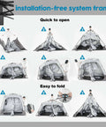 Pop Up Portable Camping Shower Tent Deluxe Changing Room Privacy Shelter Two Rooms with floor drain illustrated setup steps