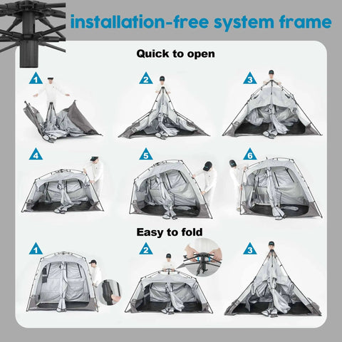 Pop Up Portable Camping Shower Tent Deluxe Changing Room Privacy Shelter Two Rooms with floor drain illustrated setup steps