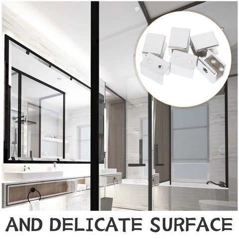 Built Like A Tank Zinc Alloy Glass Shelf Clamps For Bathroom Shower Panels Six Piece Set Anti Scratch Heavy Duty Wall Mount Support Fits 10 To 12 Millimeter Glass Straight Up Tight Fit in a modern bathroom setting.